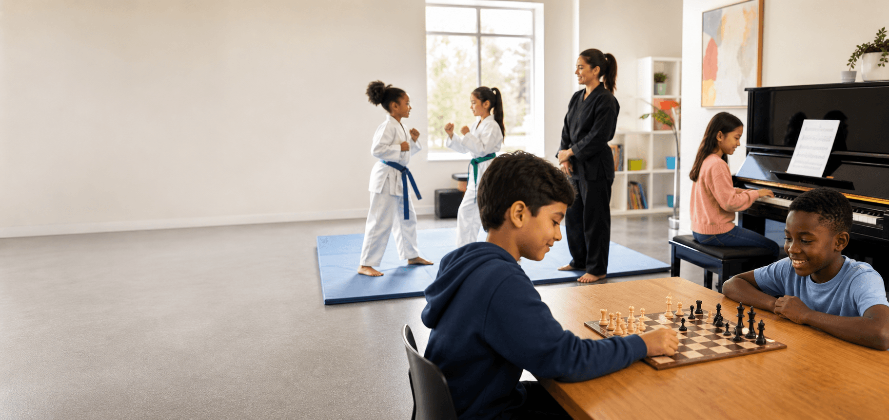 Children practicing chess, karate, and piano in a bright academy studio